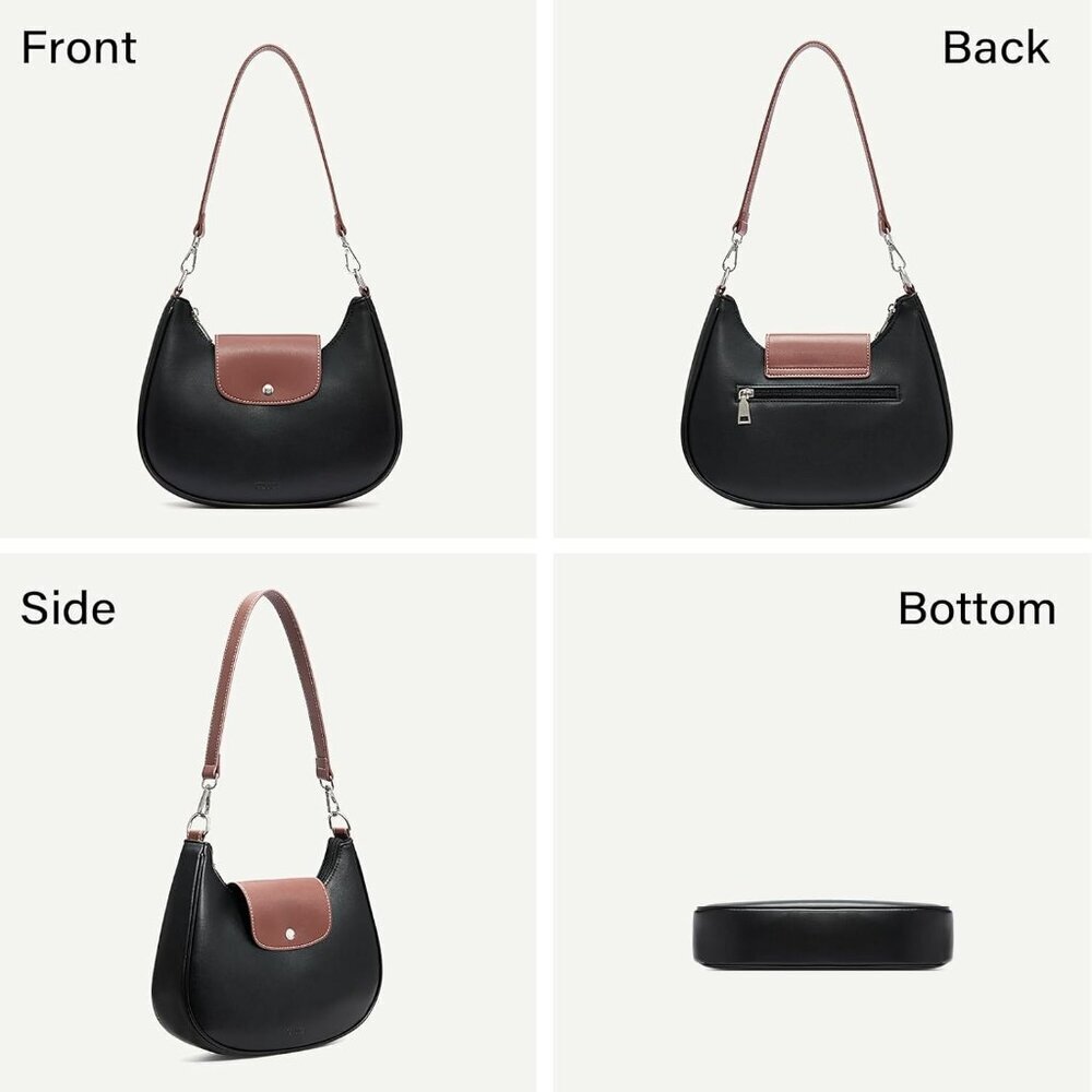 Crescent Black Vegan Leather Shoulder Bag for Women - Anti Theft Crossbody Hobo - Picture 6 of 7